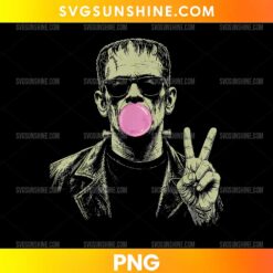 Frankenstein Bubble Gum PNG featuring a vintage green monster wearing black sunglasses, blowing pink bubble gum, and making a peace sign.
