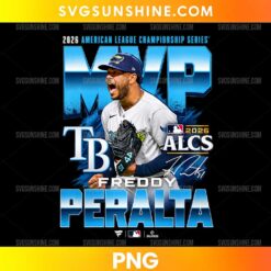 Freddy Peralta Tampa Bay Rays 2026 ALCS MVP PNG featuring a baseball player portrait, oversized blue MVP lettering, and a TB-inspired emblem.