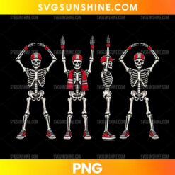 Funny Skeleton Ohio Football Halloween PNG featuring skeleton football fans in scarlet red jerseys, Ohio lettering, pumpkins, and spooky decorations.