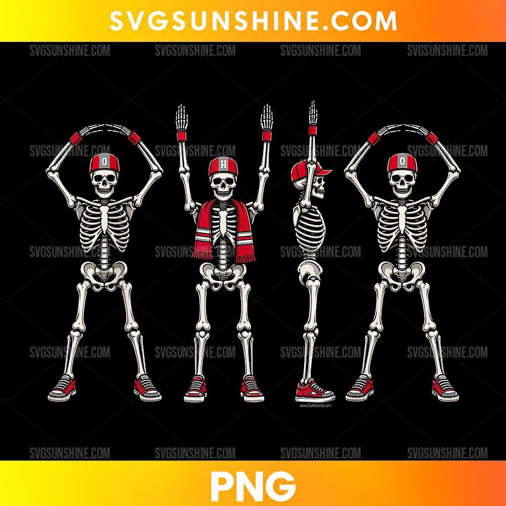 Funny Skeleton Ohio Football Halloween PNG featuring skeleton football fans in scarlet red jerseys, Ohio lettering, pumpkins, and spooky decorations.