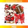 Georgia Bulldogs Football Puppy PNG featuring a cute white bulldog in a red football jersey, a brown football, red bows, and decorative stars.