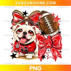 Georgia Bulldogs Football Puppy PNG featuring a cute white bulldog in a red football jersey, a brown football, red bows, and decorative stars.