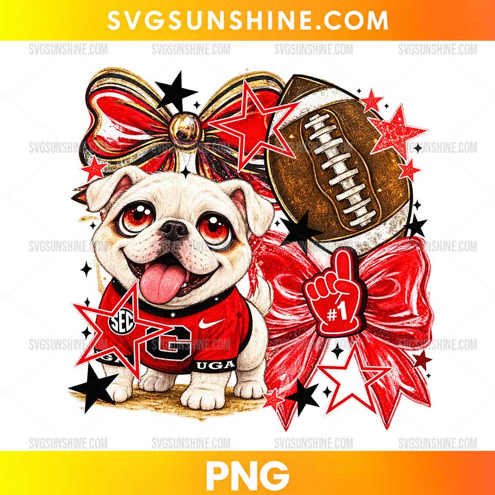 Georgia Bulldogs Football Puppy PNG featuring a cute white bulldog in a red football jersey, a brown football, red bows, and decorative stars.