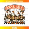 Goosebusters PNG featuring four cartoon geese in tan investigator uniforms with orange lettering, spooky spiderwebs, and Halloween accessories