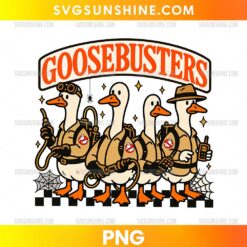 Goosebusters PNG featuring four cartoon geese in tan investigator uniforms with orange lettering, spooky spiderwebs, and Halloween accessories