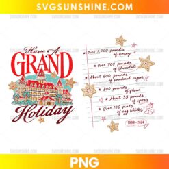Grand Holiday Gingerbread Castle PNG featuring a grand red-roofed castle, vintage Christmas lettering, golden gingerbread stars, and a handwritten holiday baking recipe.