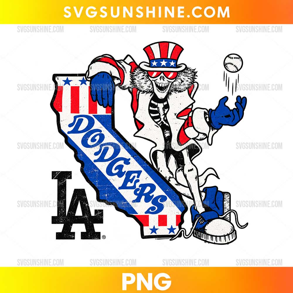 Grateful Dead Uncle Sam LA Dodgers Baseball PNG featuring a skeleton-like patriotic character, star-spangled hat, baseball, and California graphic