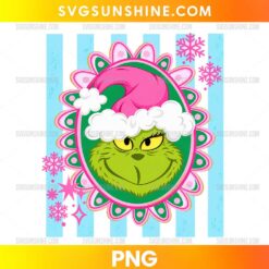 Grinch Christmas PNG featuring a green character in a pink Santa hat with pink snowflakes and blue stripes.