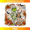 Grinch Halloween PNG featuring a green mummy character and a brown dog surrounded by pumpkins, orange sunflowers, autumn leaves, ghosts, and bats