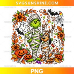 Grinch Halloween PNG featuring a green mummy character and a brown dog surrounded by pumpkins, orange sunflowers, autumn leaves, ghosts, and bats