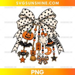 Halloween Bow PNG featuring a cream polka dot ribbon with pumpkin, ghost, witch hat, bat, spider, and orange Halloween charms