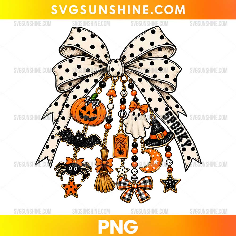 Halloween Bow PNG featuring a cream polka dot ribbon with pumpkin, ghost, witch hat, bat, spider, and orange Halloween charms