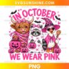 Halloween Breast Cancer Awareness Animals PNG featuring a Highland cow, ghost raccoon, and witch duck with pink pumpkins and awareness ribbons