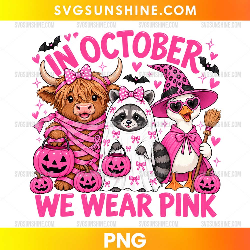 Halloween Breast Cancer Awareness Animals PNG featuring a Highland cow, ghost raccoon, and witch duck with pink pumpkins and awareness ribbons