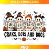 Halloween ghosts Craks Dots and Boos PNG featuring four cute ghosts in witch hats and pumpkin costumes with bats, pumpkins, spiderwebs, and Halloween decorations.
