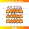 Halloween Pumpkin Patch PNG featuring three rows of cute smiling orange jack-o-lantern pumpkins with colorful autumn leaves, purple bats, butterflies, and candy corn.