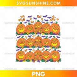 Halloween Pumpkin Patch PNG featuring three rows of cute smiling orange jack-o-lantern pumpkins with colorful autumn leaves, purple bats, butterflies, and candy corn.