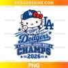 Hello Kitty Dodgers 2026 PNG featuring a blue baseball cap, white uniform, red bow, baseball, and blue stars.