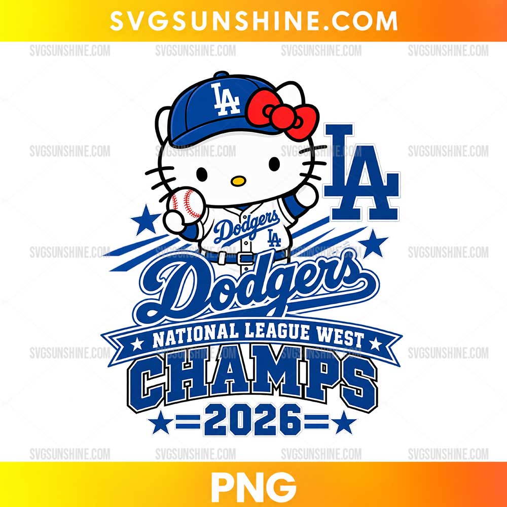 Hello Kitty Dodgers 2026 PNG featuring a blue baseball cap, white uniform, red bow, baseball, and blue stars.