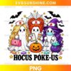 Hocus Poke-Us PNG featuring three ghost nurses, medical accessories, a Halloween pumpkin, purple witch hat, and spooky decorations