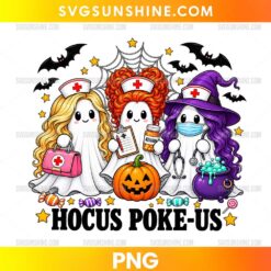 Hocus Poke-Us PNG featuring three ghost nurses, medical accessories, a Halloween pumpkin, purple witch hat, and spooky decorations