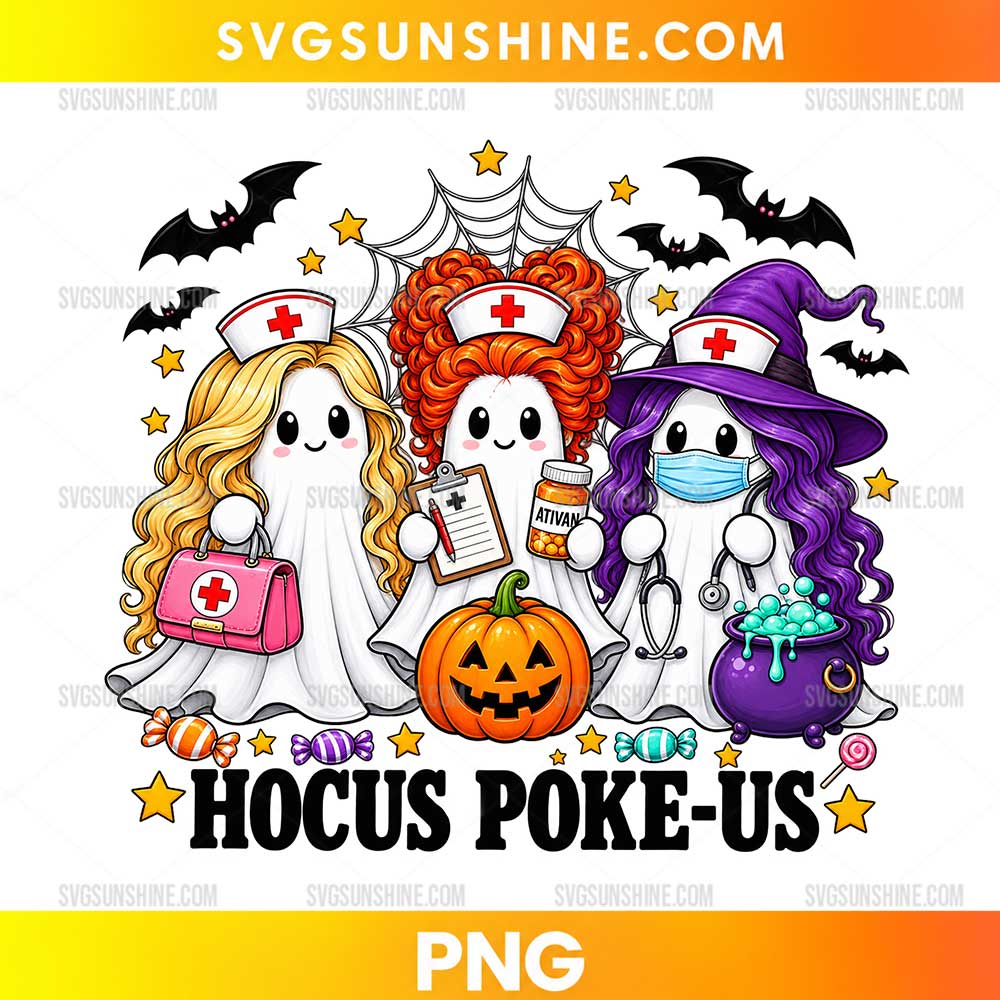 Hocus Poke-Us PNG featuring three ghost nurses, medical accessories, a Halloween pumpkin, purple witch hat, and spooky decorations