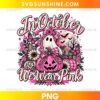 In October We Wear Pink PNG featuring a white ghost, pink jack-o-lantern, breast cancer awareness ribbons, butterflies, sunflowers, and decorative bows