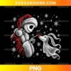 Jack Skellington Christmas PNG featuring a skeletal character in a red Santa outfit with a white ghost dog, snowflakes, and sparkling stars