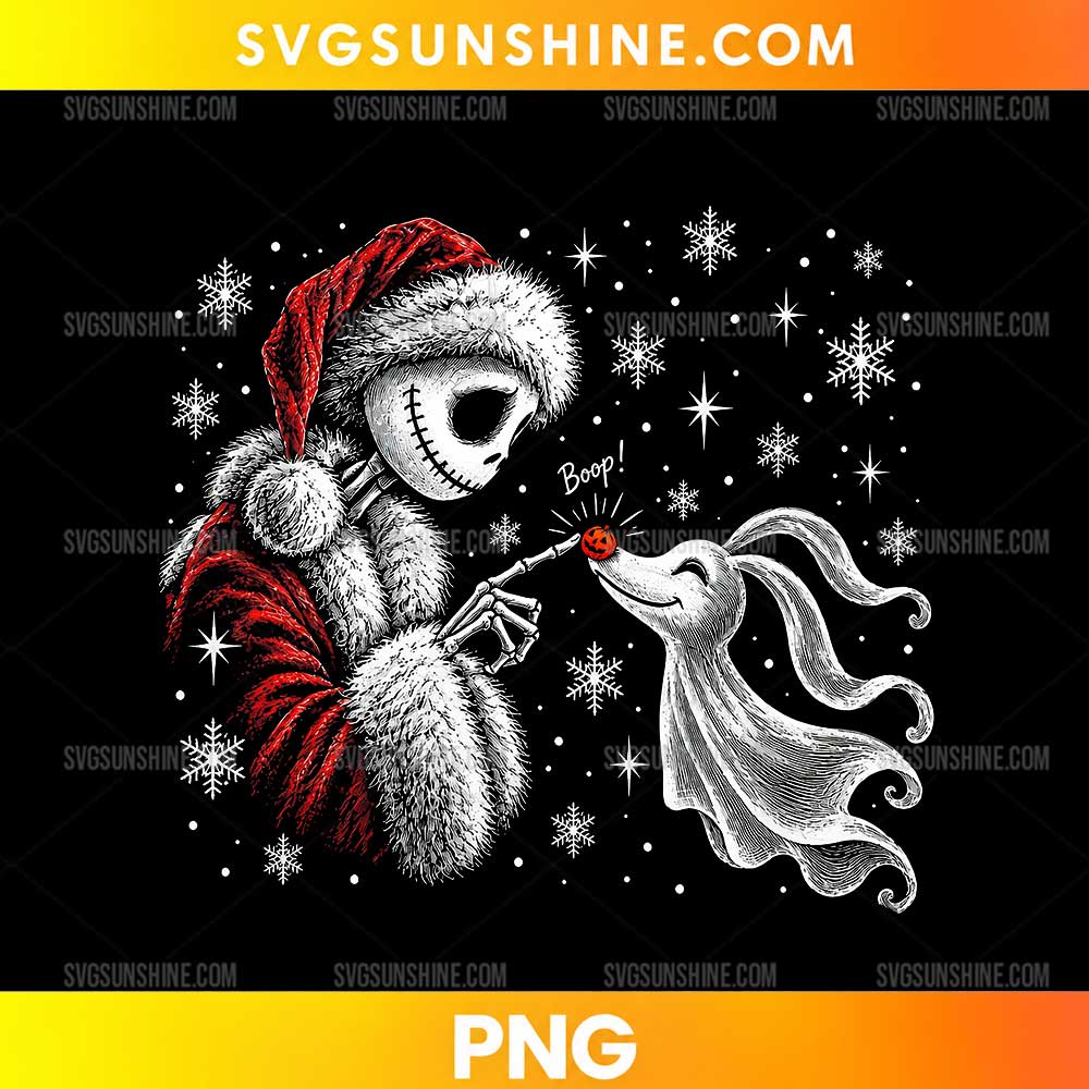 Jack Skellington Christmas PNG featuring a skeletal character in a red Santa outfit with a white ghost dog, snowflakes, and sparkling stars