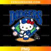 LA Dodgers Hello Kitty Baseball PNG featuring a cute white cat, blue baseball cap, red bow, and baseball diamond