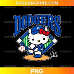 LA Dodgers Hello Kitty Baseball PNG featuring a cute white cat, blue baseball cap, red bow, and baseball diamond