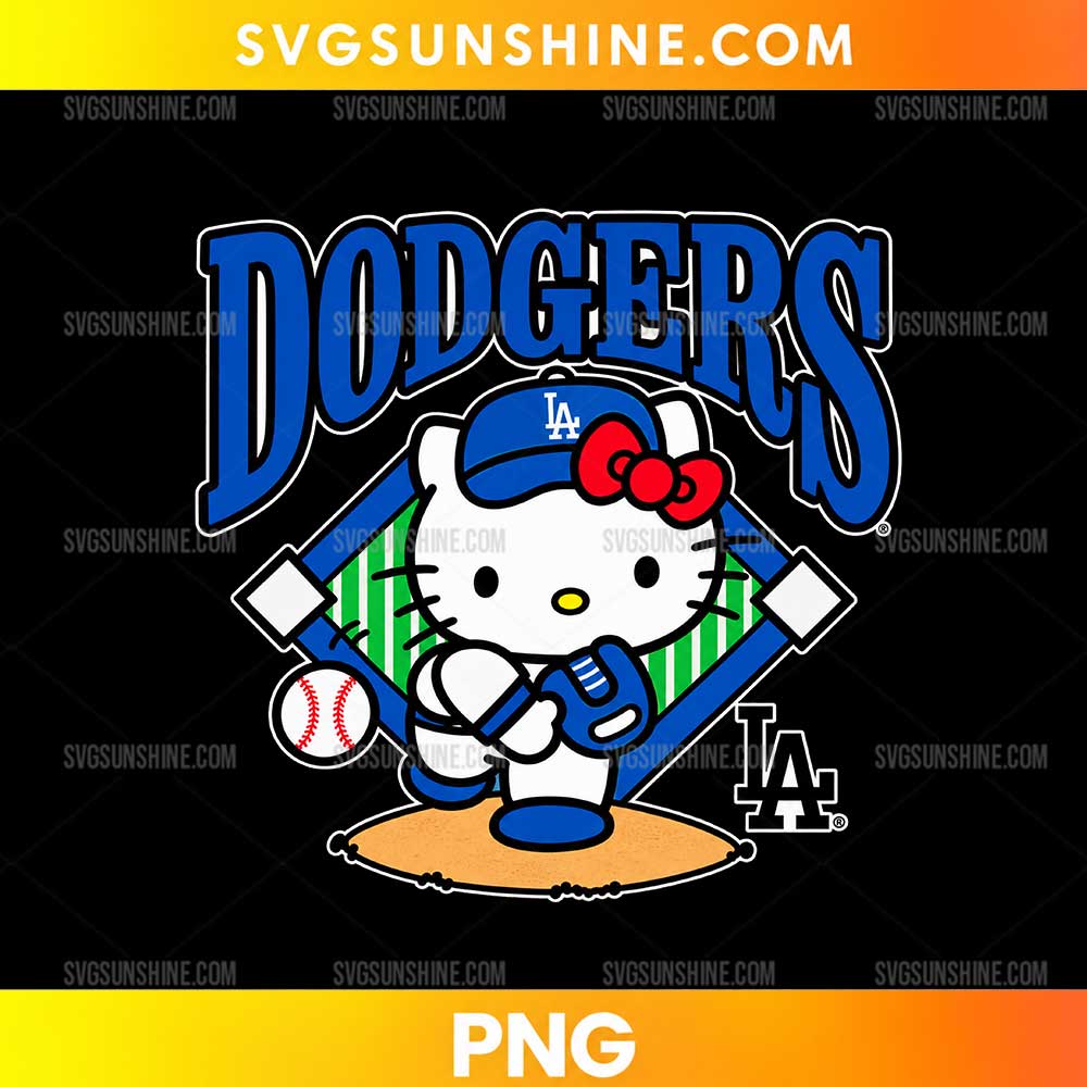 LA Dodgers Hello Kitty Baseball PNG featuring a cute white cat, blue baseball cap, red bow, and baseball diamond