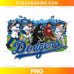 LA Dodgers Horror Characters PNG featuring five spooky characters in baseball uniforms on a colorful stadium field