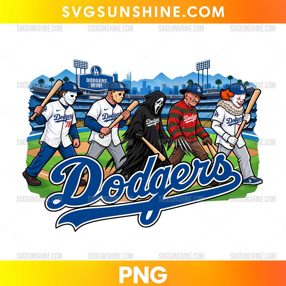LA Dodgers Horror Characters PNG featuring five spooky characters in baseball uniforms on a colorful stadium field