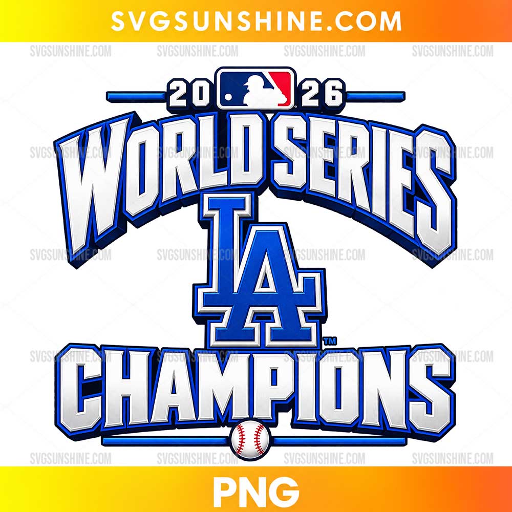 LA Dodgers World Series Champions 2026 PNG featuring bold silver lettering, a blue LA emblem, and a baseball graphic.