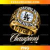 LA Dodgers World Series Champions Ring PNG featuring a gold championship ring, diamond details, LA emblem, silver lettering, and Champions script.