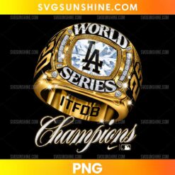 LA Dodgers World Series Champions Ring PNG featuring a gold championship ring, diamond details, LA emblem, silver lettering, and Champions script.