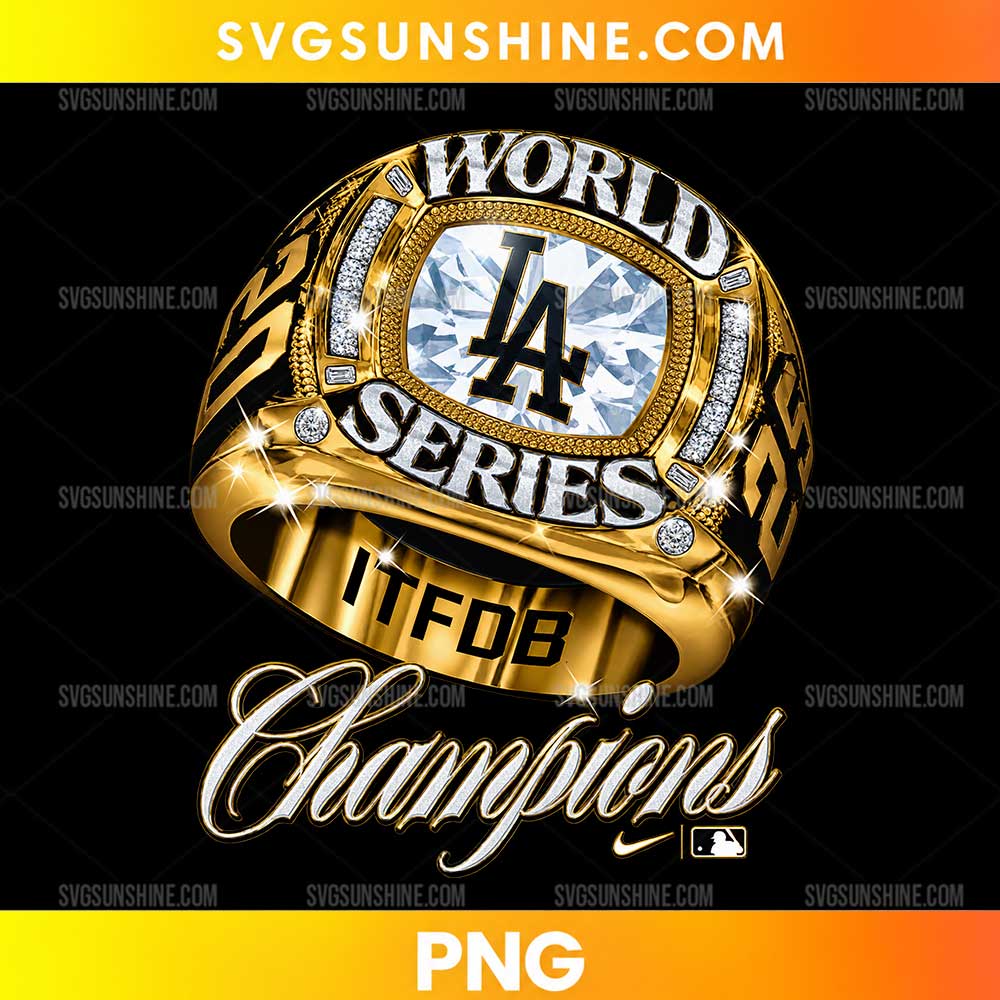 LA Dodgers World Series Champions Ring PNG featuring a gold championship ring, diamond details, LA emblem, silver lettering, and Champions script.