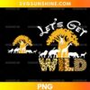 Let's Get Wild PNG featuring African wildlife silhouettes, a golden tree, and bold leopard, tiger, and giraffe print lettering.