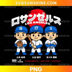 Los Angeles Baseball Players PNG featuring three cartoon baseball players in blue and white uniforms with Japanese lettering