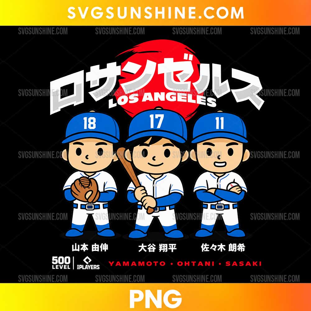Los Angeles Baseball Players PNG featuring three cartoon baseball players in blue and white uniforms with Japanese lettering