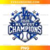 Los Angeles Dodgers 2026 NL West Champions PNG featuring a blue LA-style monogram, silver championship lettering, crossed baseball bats, stars, and a baseball emblem.