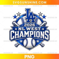 Los Angeles Dodgers 2026 NL West Champions PNG featuring a blue LA-style monogram, silver championship lettering, crossed baseball bats, stars, and a baseball emblem.