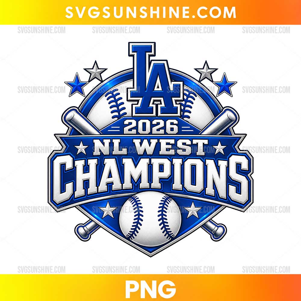 Los Angeles Dodgers 2026 NL West Champions PNG featuring a blue LA-style monogram, silver championship lettering, crossed baseball bats, stars, and a baseball emblem.