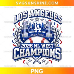 Los Angeles Dodgers 2026 NL West Champions PNG featuring a blue LA-style monogram, stadium illustration, silver laurel branches, baseball, crossed bats, and bold championship lettering.