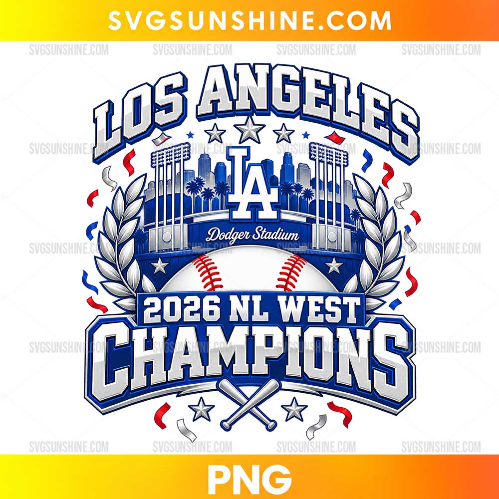Los Angeles Dodgers 2026 NL West Champions PNG featuring a blue LA-style monogram, stadium illustration, silver laurel branches, baseball, crossed bats, and bold championship lettering.
