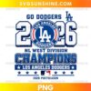Los Angeles Dodgers 2026 NL West Division Champions PNG featuring oversized blue 2026 lettering, a circular baseball emblem, championship text, stars, and red baseball stitching.