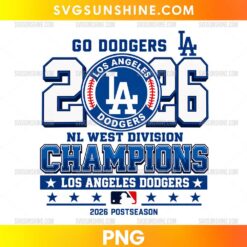 Los Angeles Dodgers 2026 NL West Division Champions PNG featuring oversized blue 2026 lettering, a circular baseball emblem, championship text, stars, and red baseball stitching.