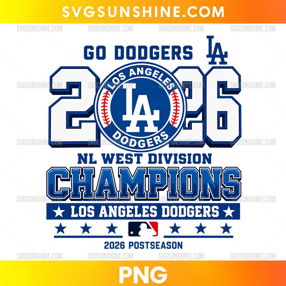 Los Angeles Dodgers 2026 NL West Division Champions PNG featuring oversized blue 2026 lettering, a circular baseball emblem, championship text, stars, and red baseball stitching.