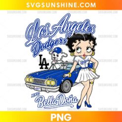 Los Angeles Dodgers Betty Boop PNG featuring a retro cartoon woman, blue vintage convertible, small dog, and baseball-inspired lettering
